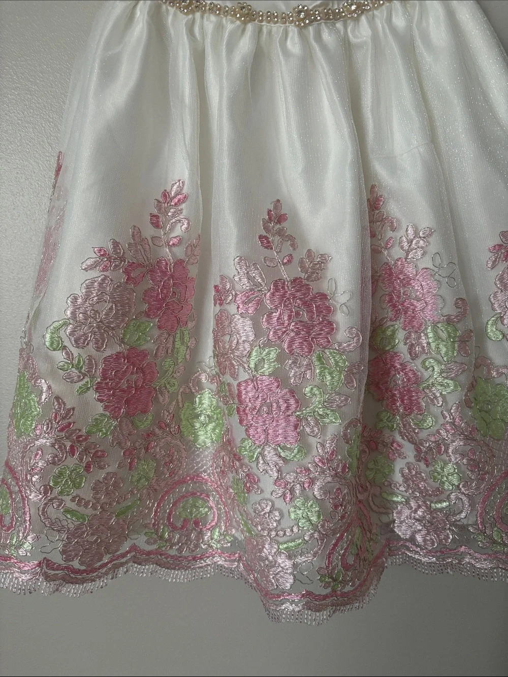 American Princess White Formal Dress with Pink & Green Floral Embroidery
